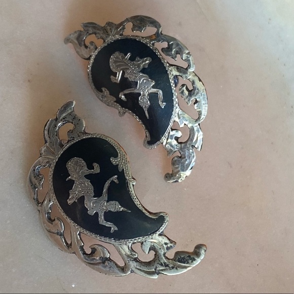 Vintage Sterling Silver Goddess Etched Filigree Enamel Asian Clip On Earrings
